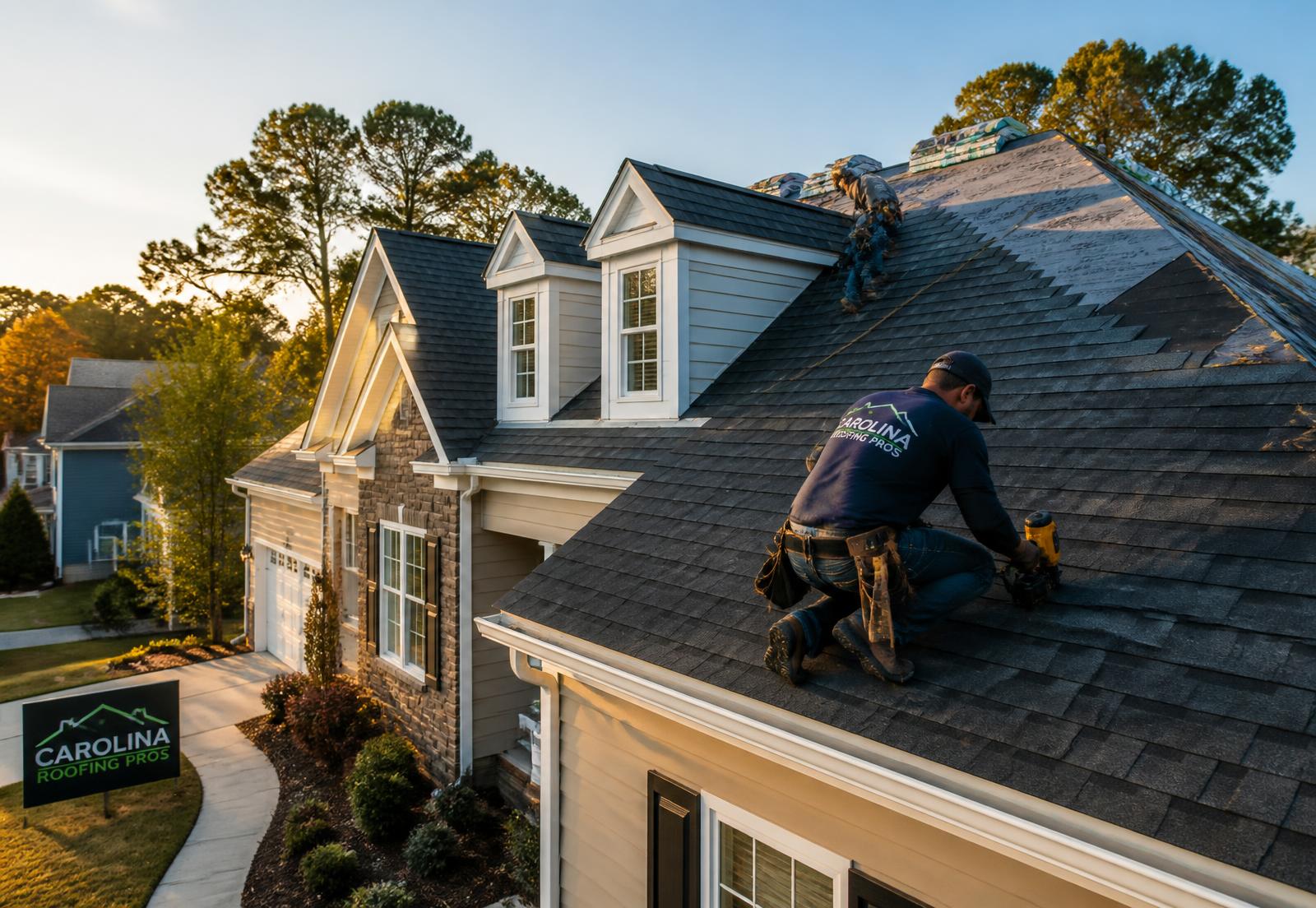 Gowan Roofing crew installing architectural shingles on a Clayton, NC home