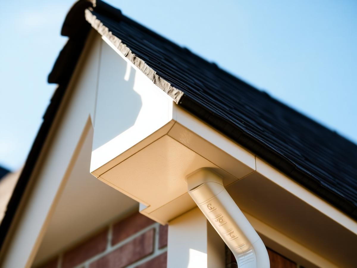Newly installed shingle roof edge with clean gutter and flashing